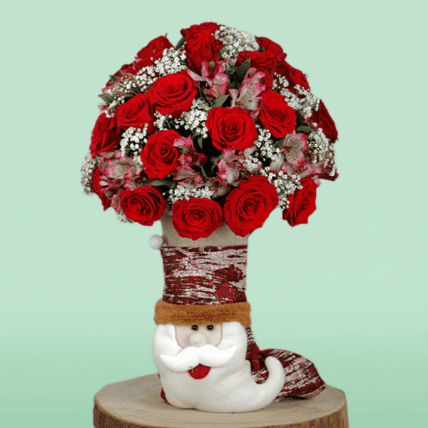 Bunch of Red Rose & Alstroemeria in Santa Claus Socks (1) Bunch of fresh red roses and white alstroemeria arranged in festive Santa Claus socks for Christmas gifting and holiday celebrations