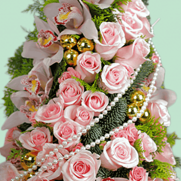 Christmas Present in Elegant Pink Gift Box with Festive Floral Arrangement and Holiday Decor