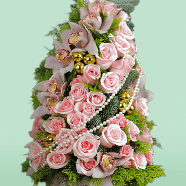 Christmas Present in Elegant Pink Gift Box with Festive Floral Arrangement and Holiday Decor