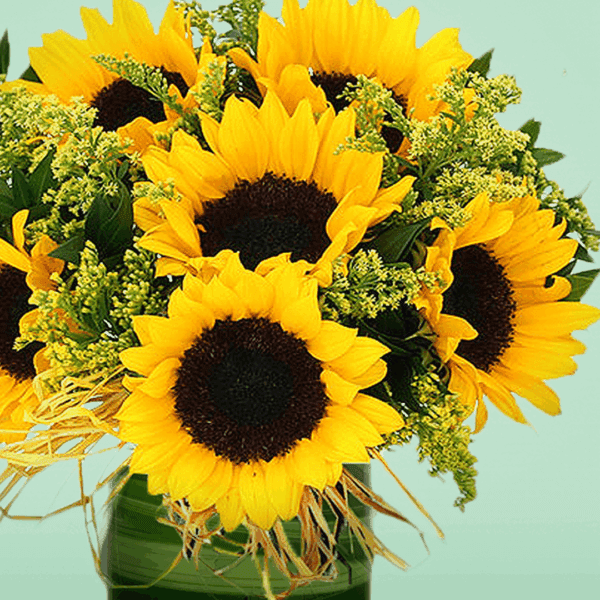 Sunny Sunflowers Vase Arrangement with fresh yellow sunflowers, seasonal blooms, and lush greenery beautifully arranged in an elegant glass vase for cheerful gifting and home décor.