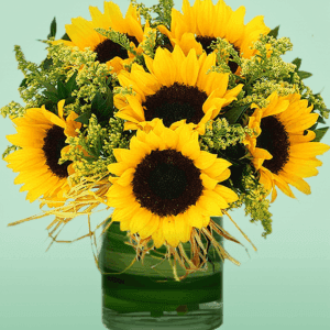 Sunny Sunflowers Vase Arrangement with fresh yellow sunflowers, seasonal blooms, and lush greenery beautifully arranged in an elegant glass vase for cheerful gifting and home décor.