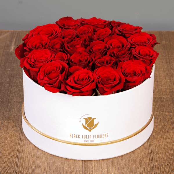 25 to 35 red roses in white box