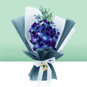 A mesmerizing blue orchids bouquet arranged in a grey tissue floral wrap.