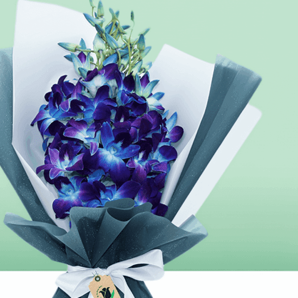A mesmerizing blue orchids bouquet arranged in a grey tissue floral wrap.