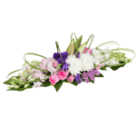 Long and low arrangement - purple theme | Blacktulipflowers.in