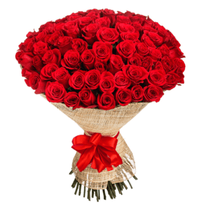 A stunning 50 red roses bouquet in jute wrap for the perfect grand romantic gesture.