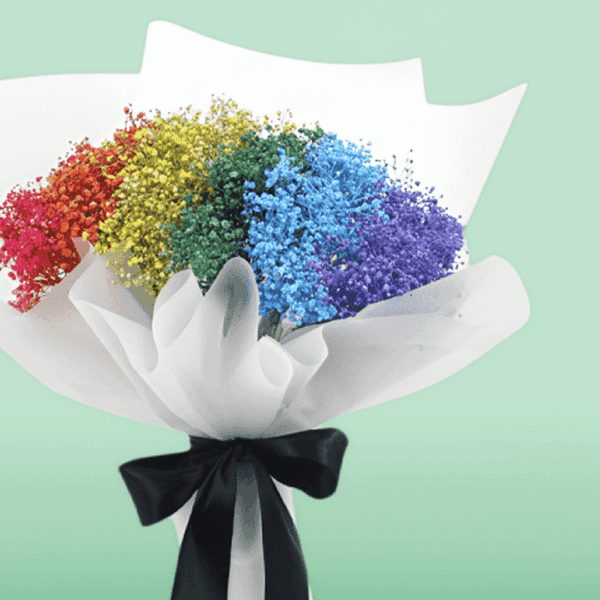 Rainbow Bouquet Baby's Breath (1) Rainbow Bouquet Baby’s Breath floral arrangement with colorful dyed gypsophila flowers wrapped in elegant paper bouquet style.