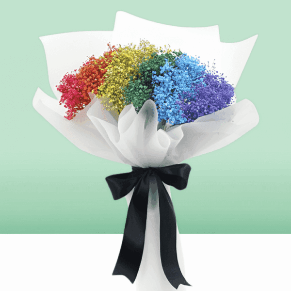Rainbow Bouquet Baby's Breath (2) Rainbow Bouquet Baby’s Breath floral arrangement with colorful dyed gypsophila flowers wrapped in elegant paper bouquet style.