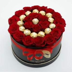 Box of Red Roses with Ferrero Rocher chocolates | Blacktulipflowers.in