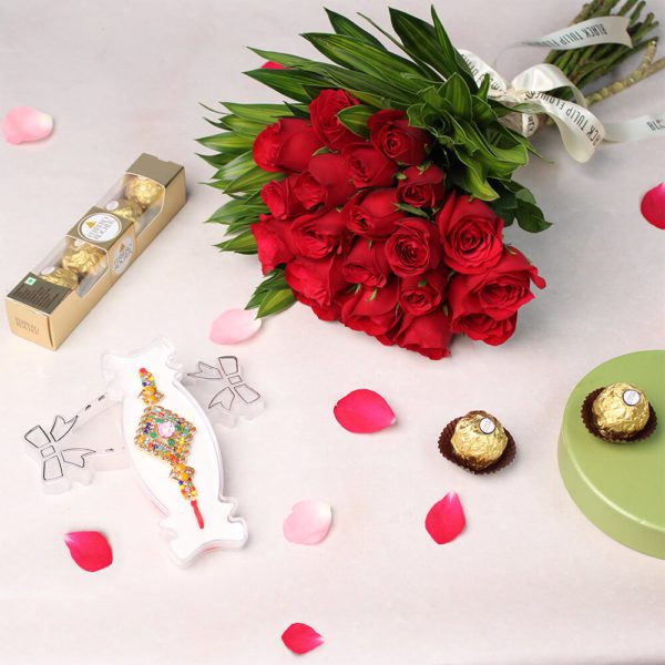 Ruby Rakhi, Roses and Chocolates - Red Roses with Rakhi BTF.in