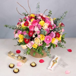 Gemstone Rakhi with Mixed Roses and Ferrero Box- Rakhi Gifts