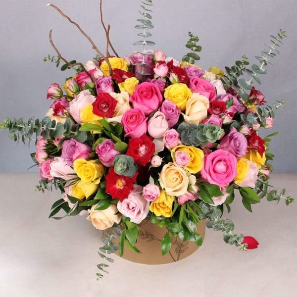 Gemstone Rakhi with Mixed Roses and Ferrero Box- Rakhi Gifts