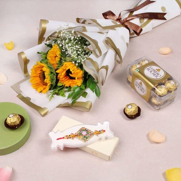 Sparkling Sunflowers Combo - Rakhi with Flowers | BTF