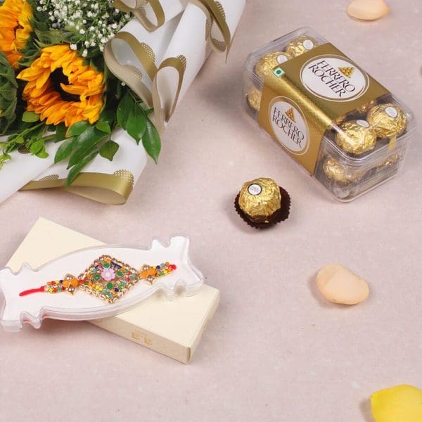 Sparkling Sunflower Rakhi Combo - Rakhi with Flowers | BTF