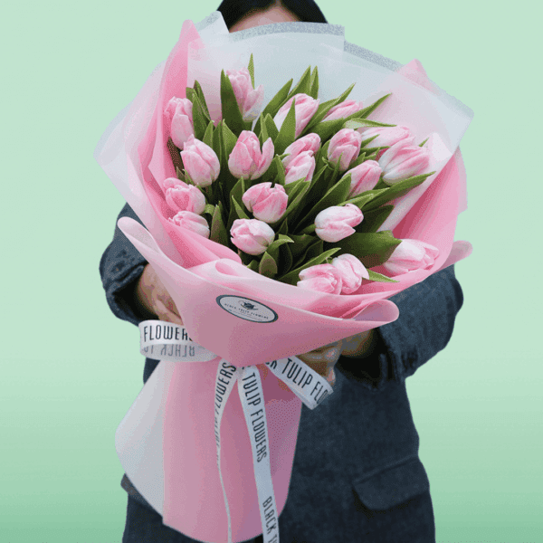 Elegant 20 light pink tulips bouquet wrapped in soft pink tissue floral wrap