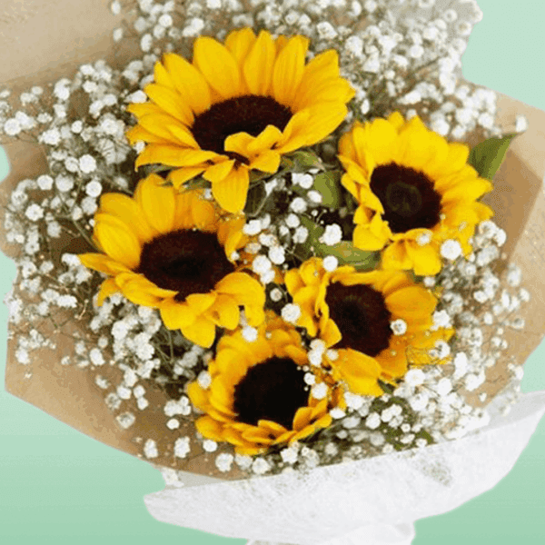 5 Stem Sunflower Bouquet with Gypso (1) 5 Stem Sunflower Bouquet with White Gypsophila Wrapped in Elegant Floral Paper