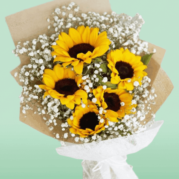 5 Stem Sunflower Bouquet with Gypso (2) 5 Stem Sunflower Bouquet with White Gypsophila Wrapped in Elegant Floral Paper