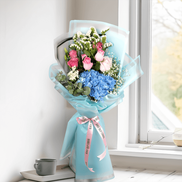 You rock my world (3) You are the woman - Order Now Blue Hydrangea Bouquet in a box, Rose Day Roses