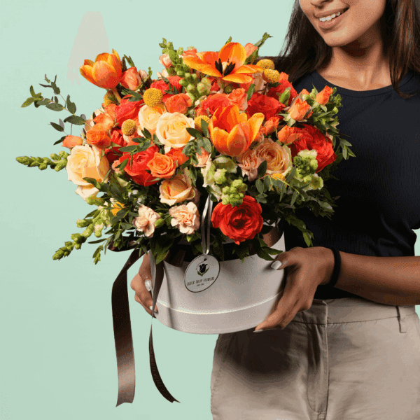 Elegant Sunset Glow Floral Box arrangement in a luxury gift box