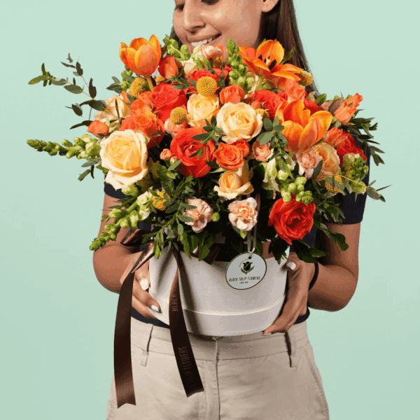 Elegant Sunset Glow Floral Box arrangement in a luxury gift box