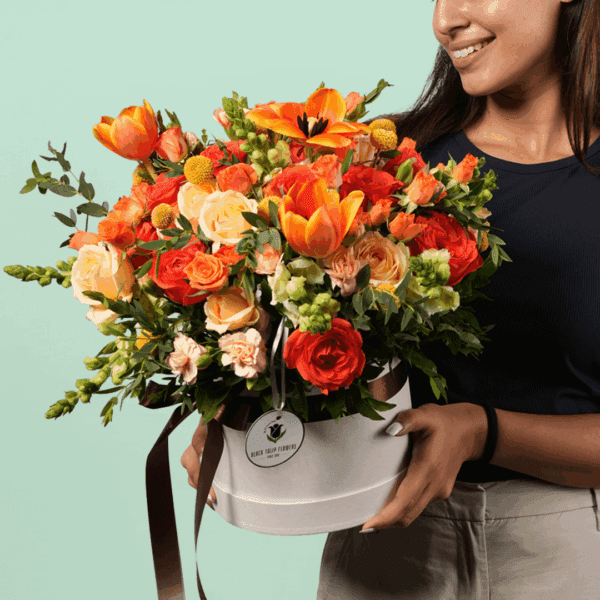 Elegant Sunset Glow Floral Box arrangement in a luxury gift box