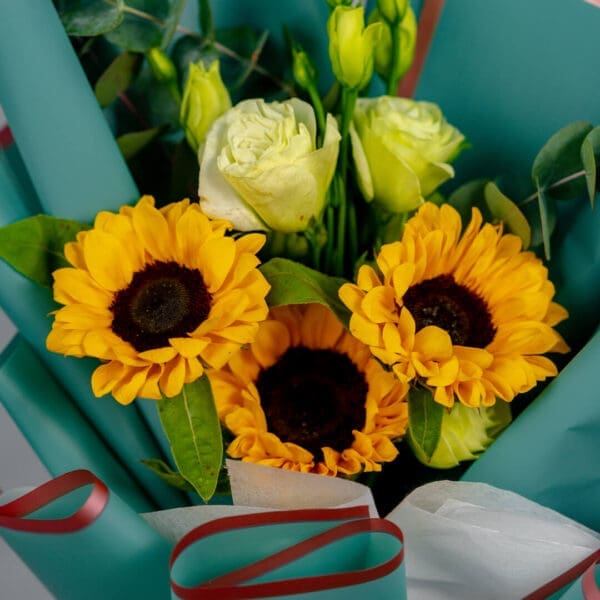 Sunflower, rose & Eustoma bouquet | Order Now our Charming Hand-Tied Bouquet