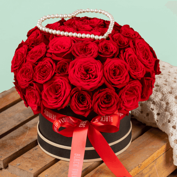 Elegant red rose bouquet with a mysterious romantic theme