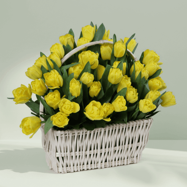 Arrangement of 50 yellow tulips in a woven basket