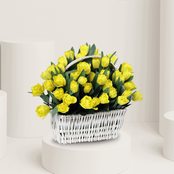 Arrangement of 50 yellow tulips in a woven basket