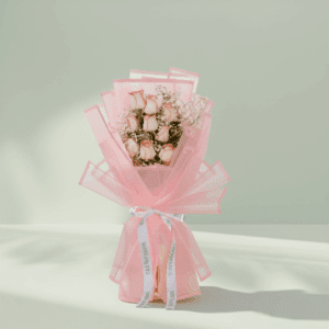 Romantic 8 pink rose and gypso bouquet with stylish wrap