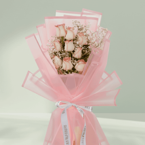 Romantic 8 pink rose and gypso bouquet with stylish wrap