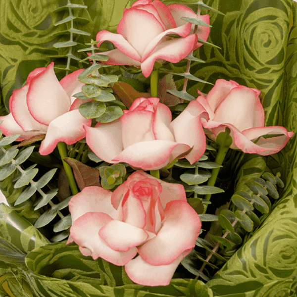 A Bouquet of 5 pink roses with eucalyptus leaves in green wrap tied up in a pink ribbon