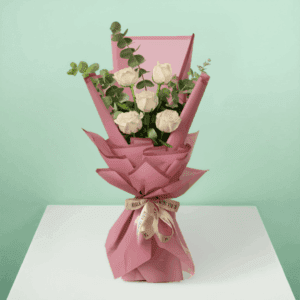 A gentle bouquet of 5 white roses paired with eucalyptus, wrapped in premium Korean floral sheets – perfect for expressing peace and elegance.