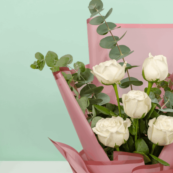 A gentle bouquet of 5 white roses paired with eucalyptus, wrapped in premium Korean floral sheets – perfect for expressing peace and elegance.