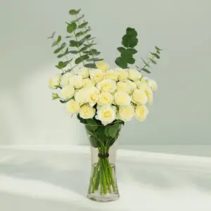 A bunch of Fresh white roses and eucalyptus in a vase for centerpiece