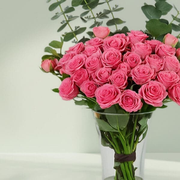 A bunch of Pink roses and eucalyptus in glass vase