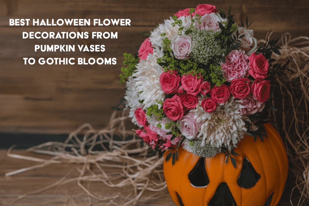 Halloween flower decorations with pumpkin vase and dark gothic blooms