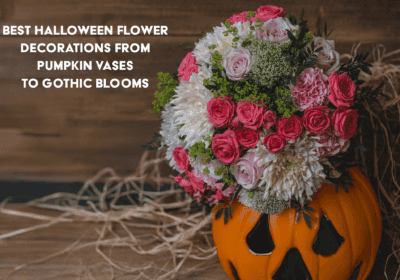 Halloween flower decorations with pumpkin vase and dark gothic blooms