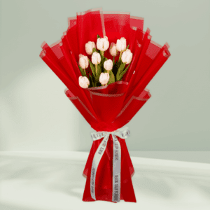 Elegant white tulip bouquet wrapped in red Korean flower paper with satin ribbon