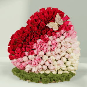 Bouquet of 120 assorted roses with moss grass on a wooden heart-shaped base