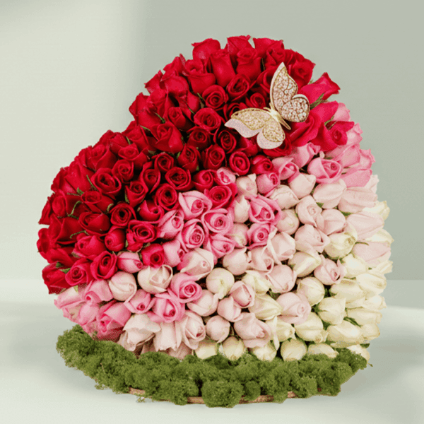 Bouquet of 120 assorted roses with moss grass on a wooden heart-shaped base