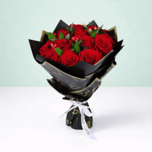 20 red roses with hypericum and green leaves wrapped in elegant Korean style flower sheets