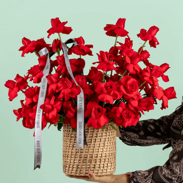 Round basket of 50 red roses arranged neatly with a white ribbon