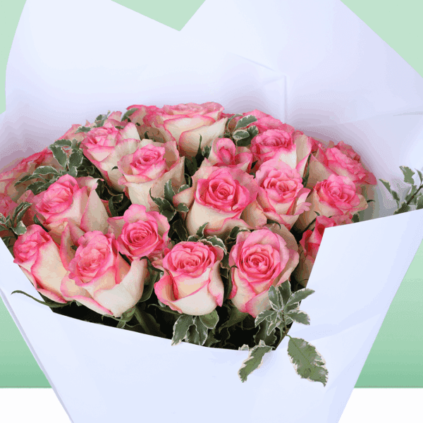 A blush pink roses bouquet wrapped in elegant white paper with greenery and pink ribbon.