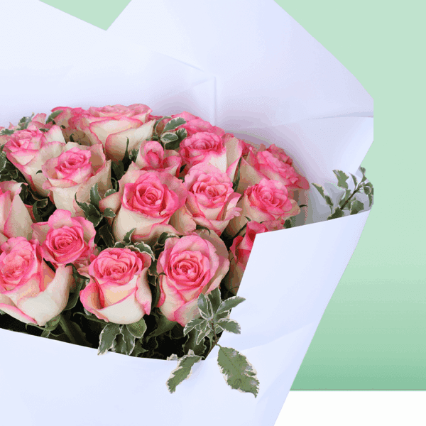 A blush pink roses bouquet wrapped in elegant white paper with greenery and pink ribbon.