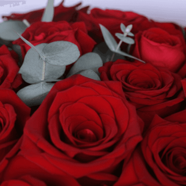 Premium red roses and eucalyptus arrangement in black wrapping with a “Love For You” card