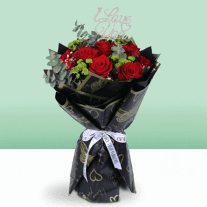 Red mixed flower bouquet with roses, chrysanthemums and eucalyptus wrapped in Korean style sheets with golden "Love You" topper