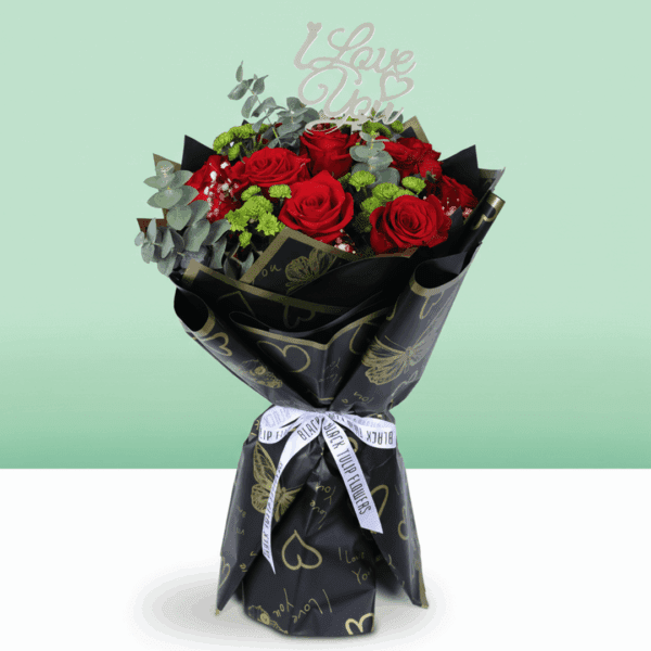 Red mixed flower bouquet with roses, chrysanthemums and eucalyptus wrapped in Korean style sheets with golden "Love You" topper