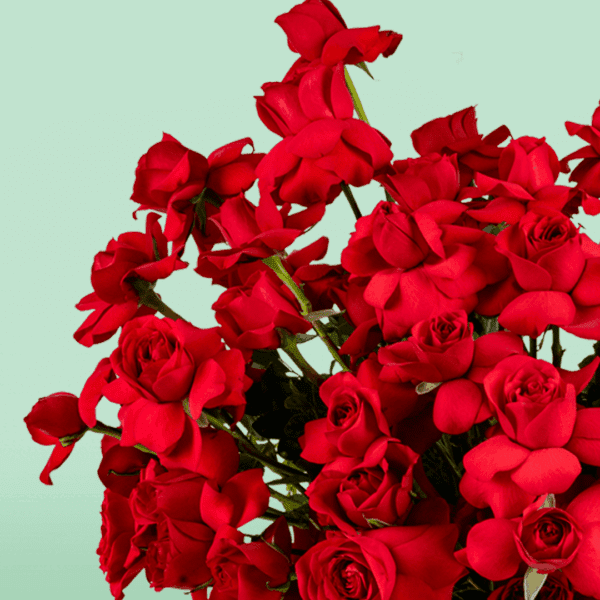 Valentine-themed flower box featuring red roses arranged in a luxurious circular design