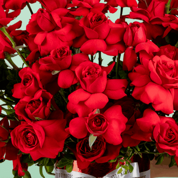 Valentine-themed flower box featuring red roses arranged in a luxurious circular design